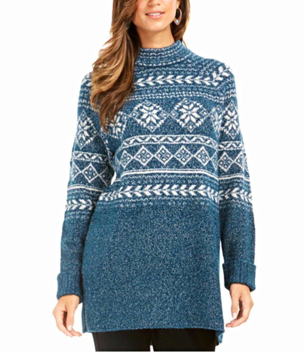 Style & Co Tunic Sweater Fair Isle Mock Neck Metallic XL Nordic Cozy Winter Long